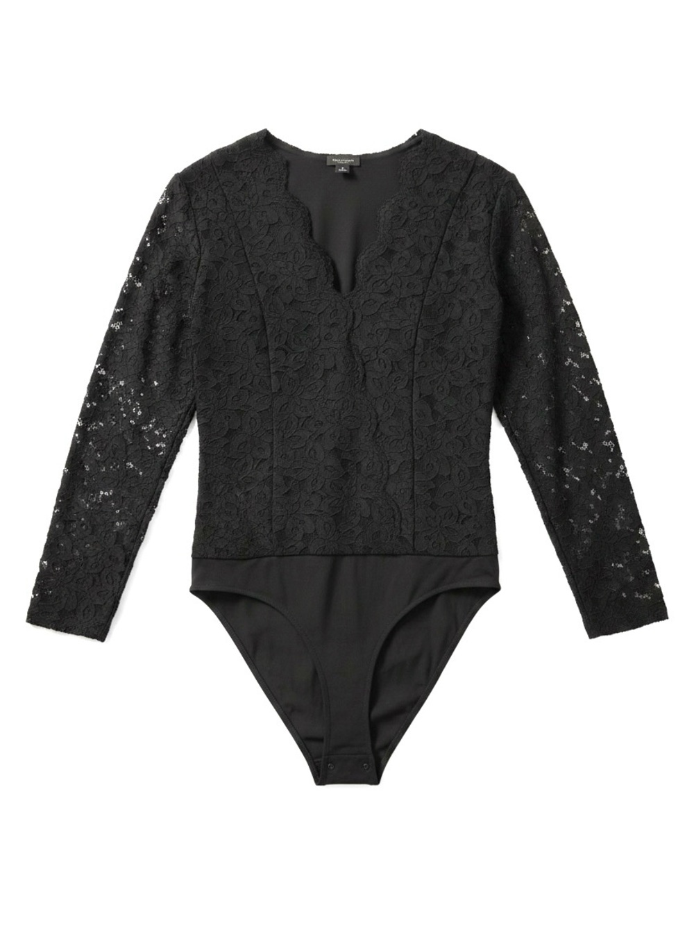 Ann Taylor Black Lace Bodysuit | Medium Scalloped Neck Long Sleeve Elegant Top - Picture 4 of 13
